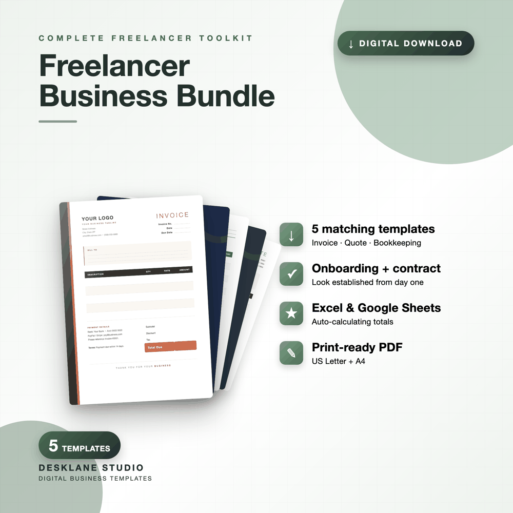 Flat lay of the Complete Freelancer Business Kit showing invoice, quote and bookkeeping pages
